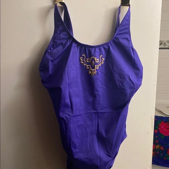 Purple Swimsuit with Gold Embroidery - Picture 1 of 7